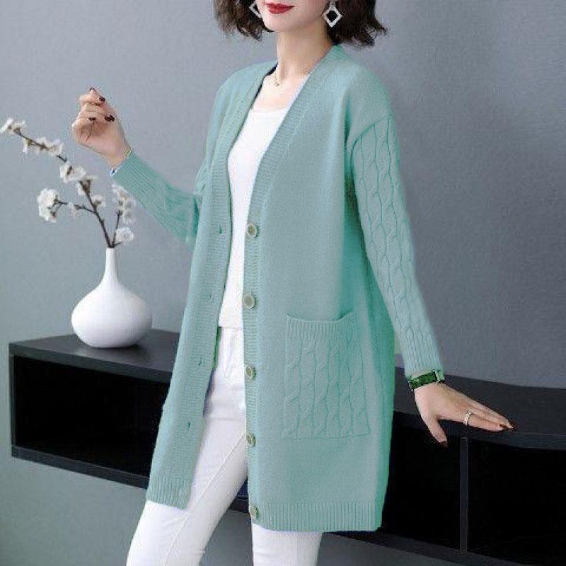Pletený kardigan dámská středně dlouhá volná korejská verze velkého jarního svetru silná podzimní a zimní kapesní bunda