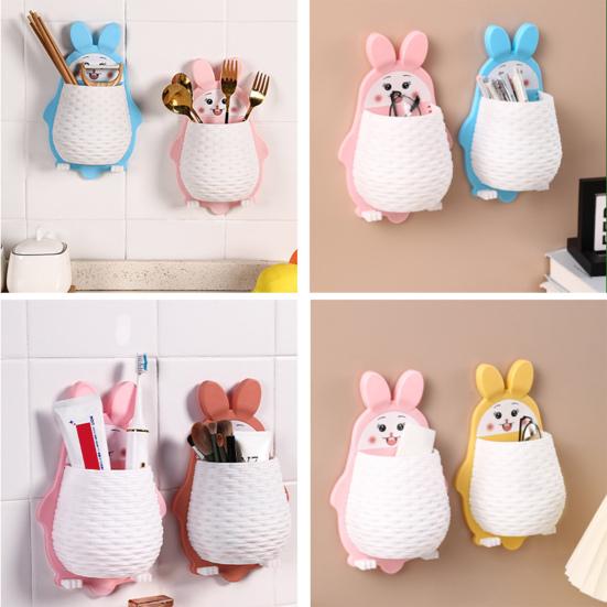 Wall Rabbit Storage Box Wall Mounted Cartoon Rabbit Storage Rack Waterproof Toothbrush Organizer for Kitchen Bathroom Makeup Tools