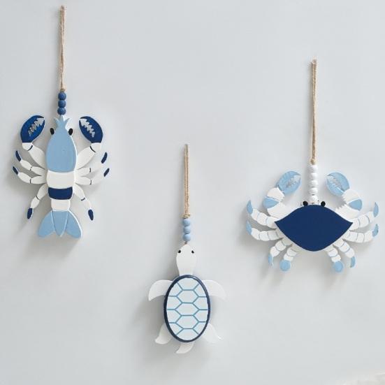 Handmade Wooden Beach Hanging Ornaments Rustic Lobster Crab Turtle Marine Animal Decor Coastal Ocean Theme Wall Art with Hemp Rope for Home Living