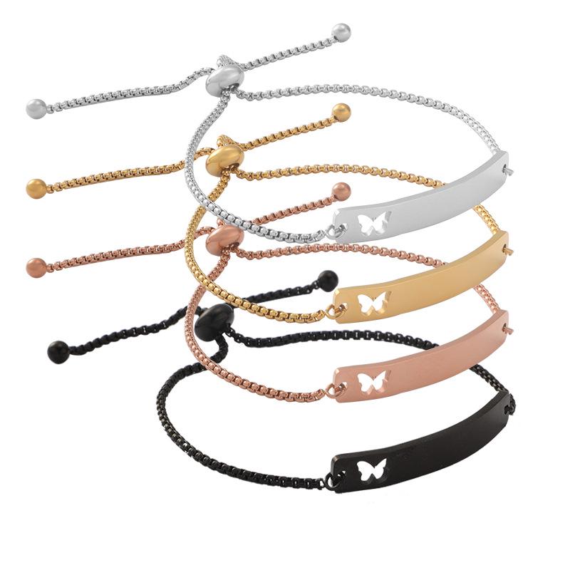 Adjustable Stainless Steel Butterfly Bracelet with Engravable Curved Bar