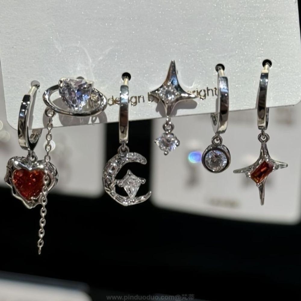 6pcs Set Personality Trend Dark Butterfly Heart Star Cross Tassels Zircon Stud Earrings for Women Hip-hop Rock Y2K Jewelry Gift