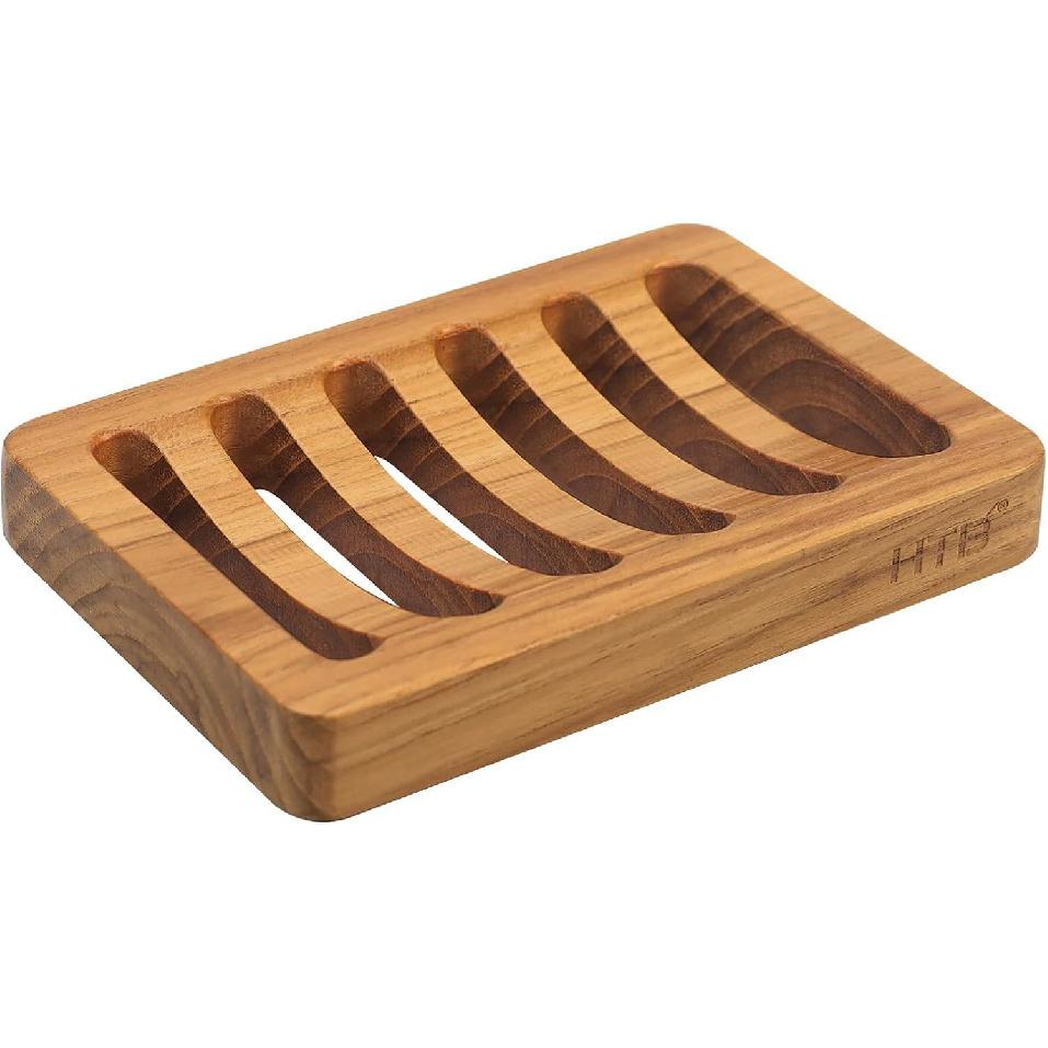 Slotted Bar Soap Holder Teak Wood by HTB, Kitchen Wooden Sponge Holder, Self Draining Soap Dish for Shower, Sink, Bathroom, Bathtub, RV 1pcs