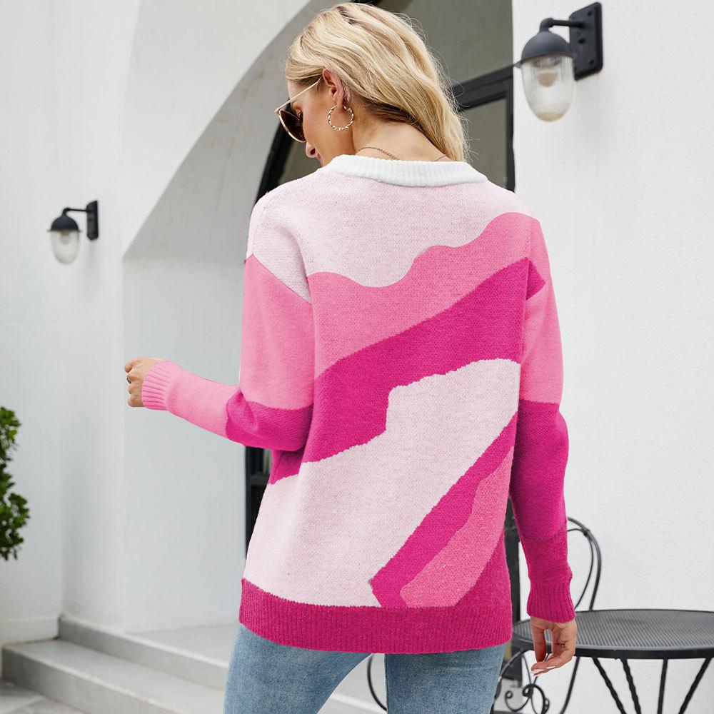 Autumn and Winter Women's Sweater Round Neck Multicolor Splicing Knit Sweater Women Pullover Sweater