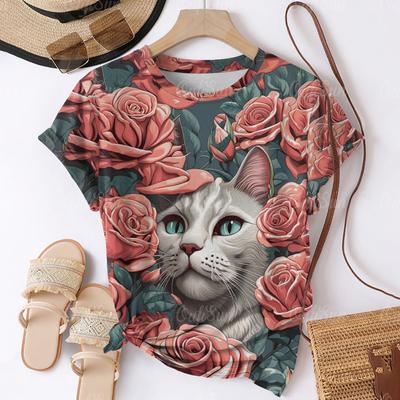 New Women Summer Cartoon Cat Print T-Shirt Oversized Women's Trending Clothing Fashion Short Sleeve Shirt Women O-Neck Blouse