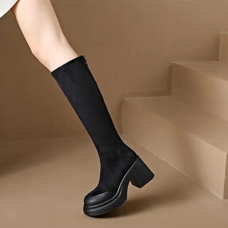 Fashion Fur High Heels Women's Long Boots Platform Elegant Heeled Ladies Knee Shaft Shoes Round Toe on Promotion Sale Spring Autumn Hot