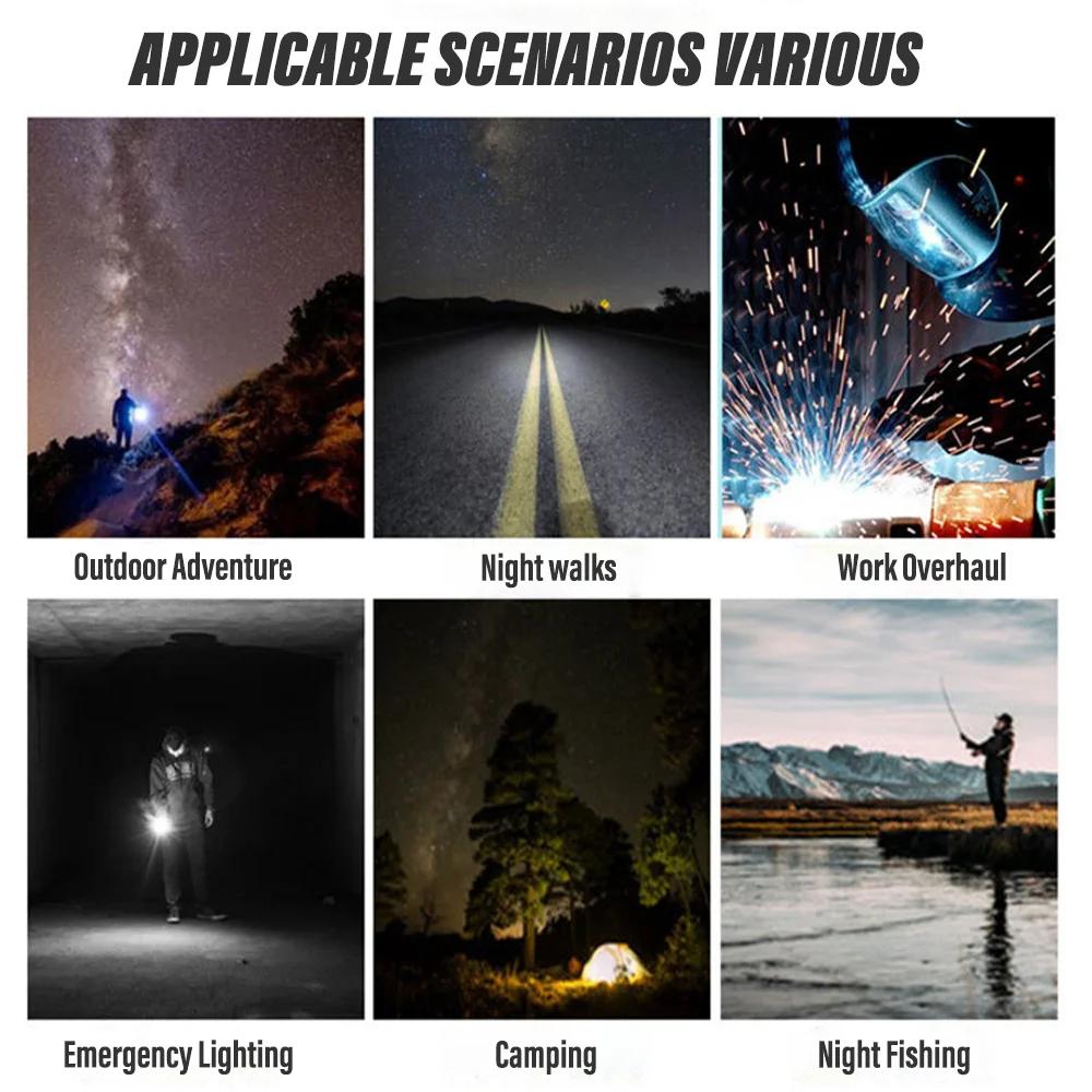 60W Bright Flashlight USB Rechargeable LED Flashlight High Power Strong Light Rechargeable Light 4 Modes Built In Battery