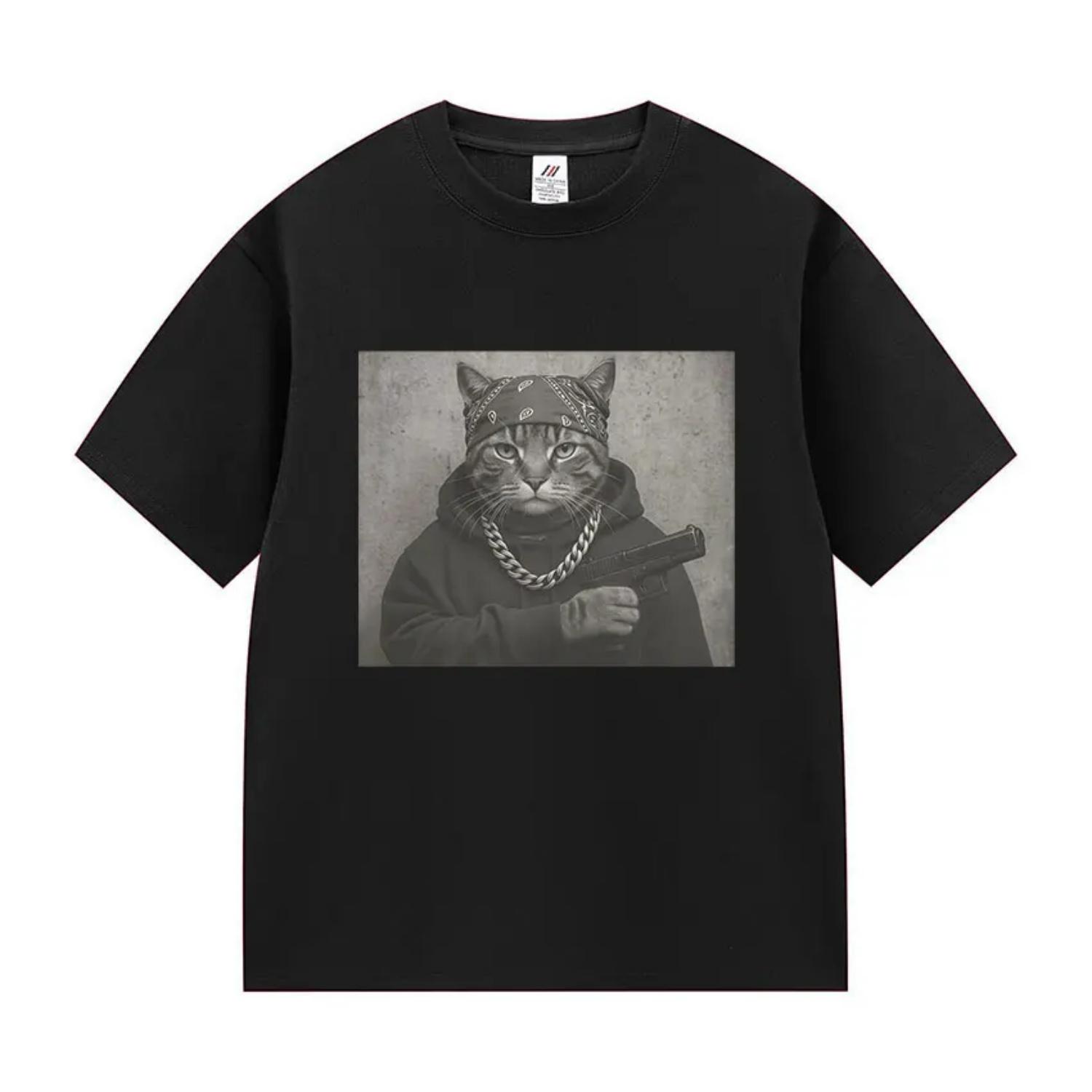 

Funny Cat Graphic Print T Shirt Gang Cat Cool Hip Hop Short Sleeve s Vintage High Quality Oversized Cotton T-shirt Summer S чёрный