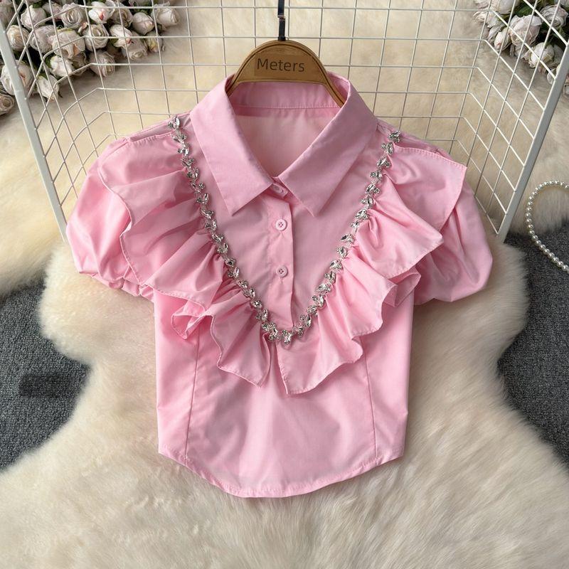 

French Style Flounce Diamond Puff Short Sleeve Shirt Female 2024 Summer New Arrival Fancy Minimalist Temperament Shirt Pink One size