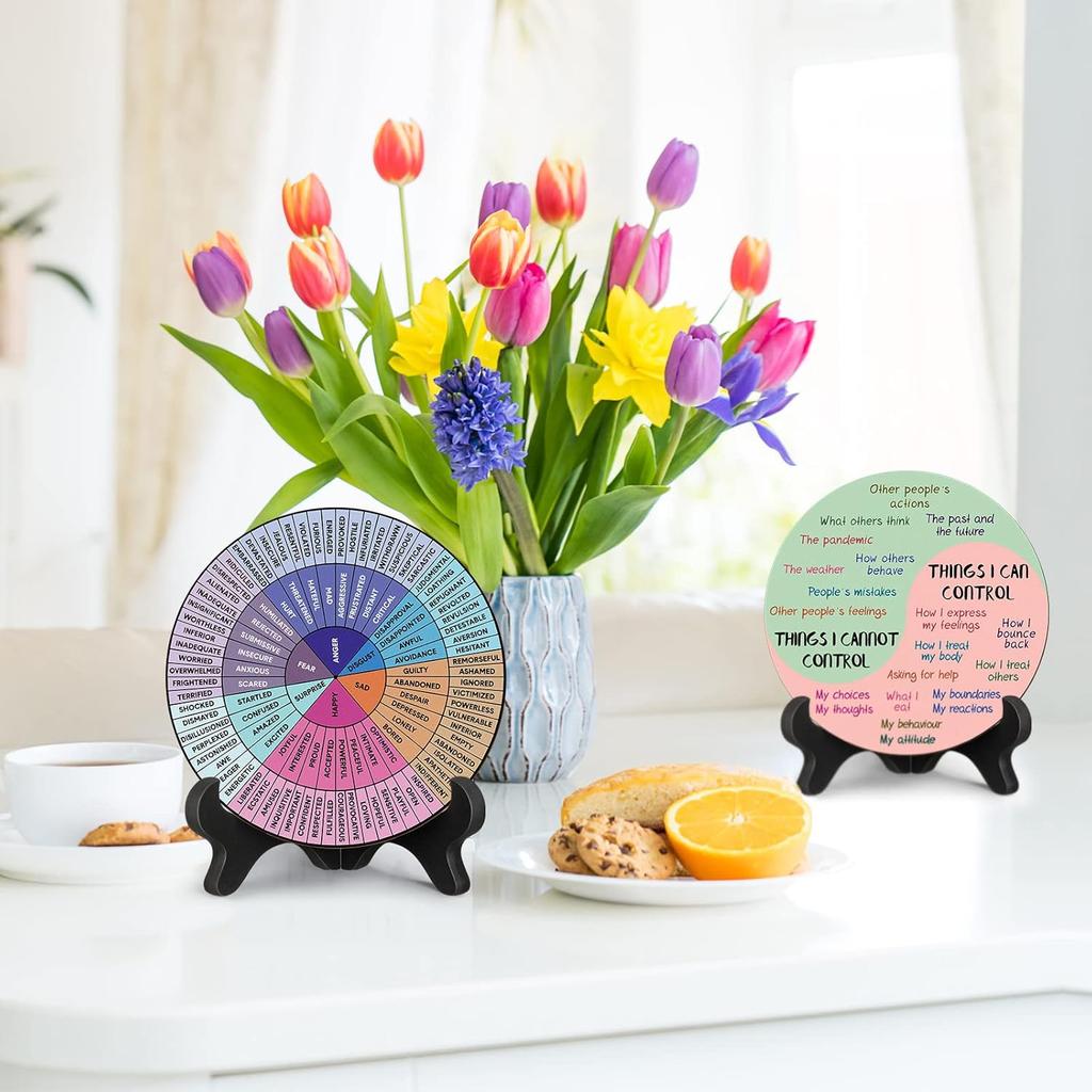 2 Pcs Feelings Wheel Therapy Office Desk Decor Things I Can Control Double Sided Mental Health Emotions Chart with Stand Therapist Gifts Psychology