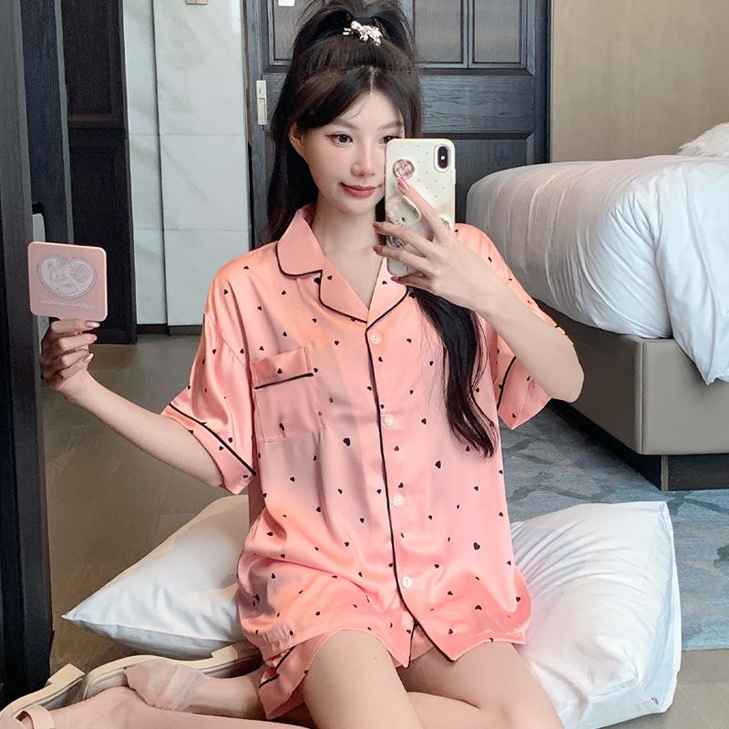 Ice Silk Pajamas Women'S Summer Small Fragrance Sweet Love Silk Thin Cool Loungewear Short Sleeve Two-Piece Set