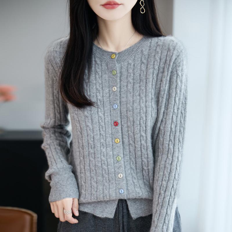 Women's 100% Pure Wool Cardigan with Colorful Buttons, Cable Knit, Loose Fit, Round Neck, Long Sleeve Base Layer Sweater