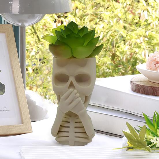 Halloween Skull Flower Pot No See Speak Hear Creepy Skull