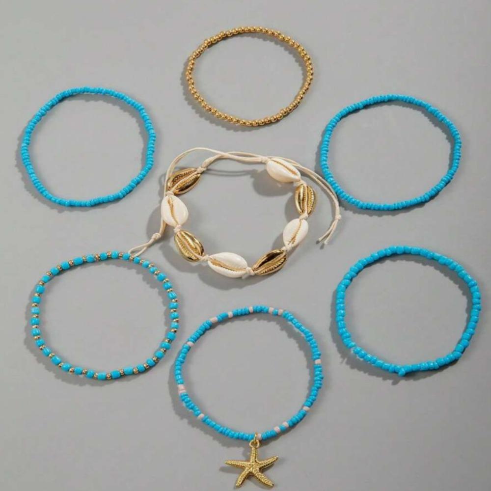 7pcs Charm Holiday Starfish Multi-layer Anklet Stretch Anklet Set Fashion Beach Jewelry