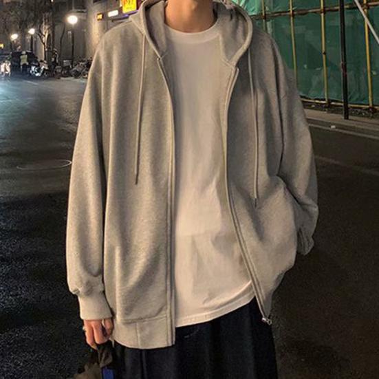 Men Hooded Jacket Zip-up Loose Sweatshirt Jacket Solid Color Casual