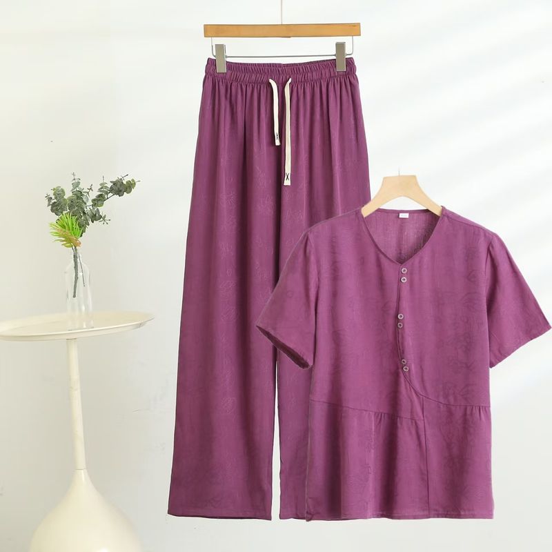 

Mom s Short Sleeve Casual Suit Women s Summer Thin T-shirt Loose Pants Outwear Drape plus Size Half Sleeve Two-piece Set Purple 5XL((Recommendation 72.50 kg-82.50 kg)