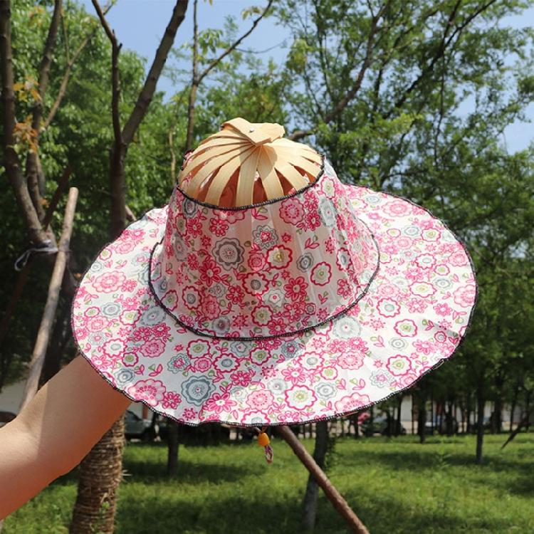 Foldable Hand Fan Sun Hat 2 In 1 Chinese Style Portable Floral Printed Handheld Fan Beach Cap Bamboo Hat