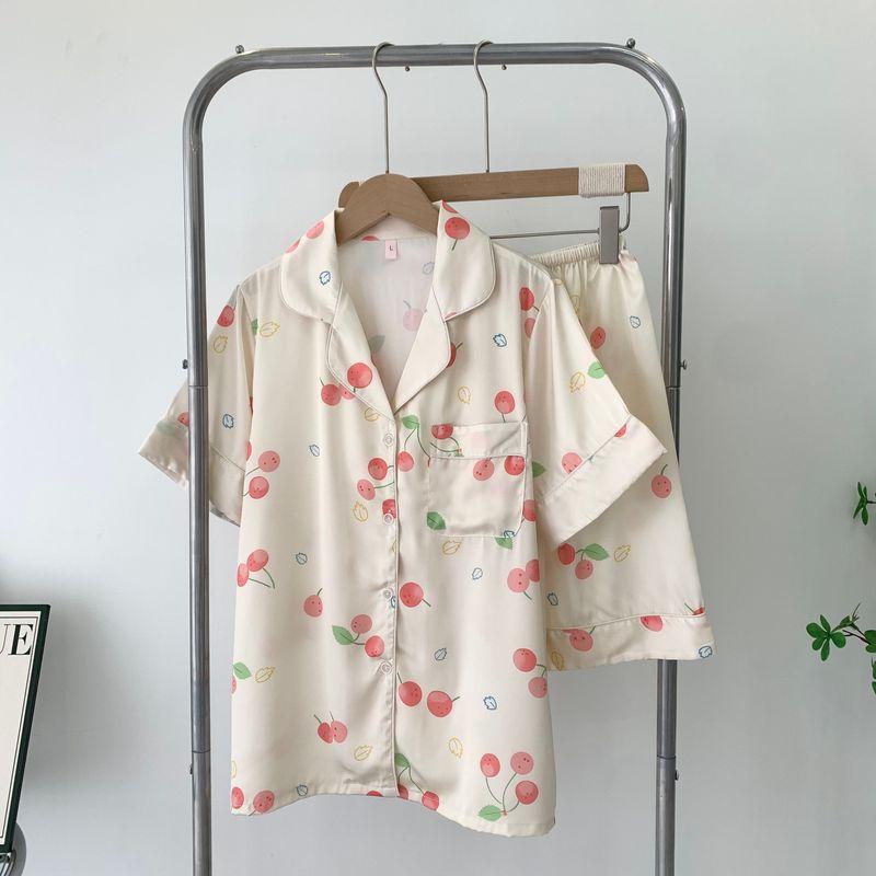 Japanese Cute Cartoon Pajamas 2025 New Two-Piece Suit Homewear Can Be Outwear Silk Pajamas Short-Sleeved Shorts