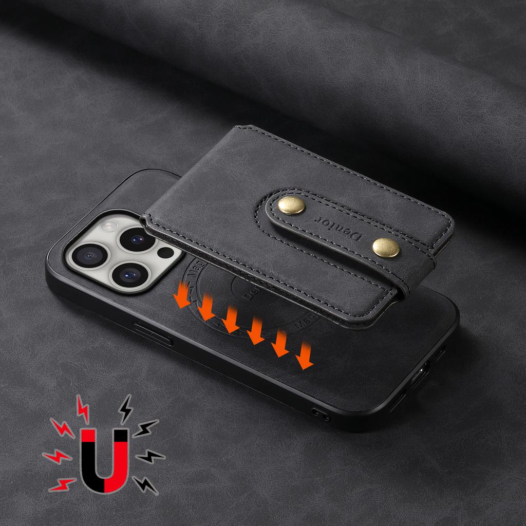 DENIOR D14 For iPhone 16 Pro Max Magnetic Case Leather+PC+TPU Phone Cover Card Bag