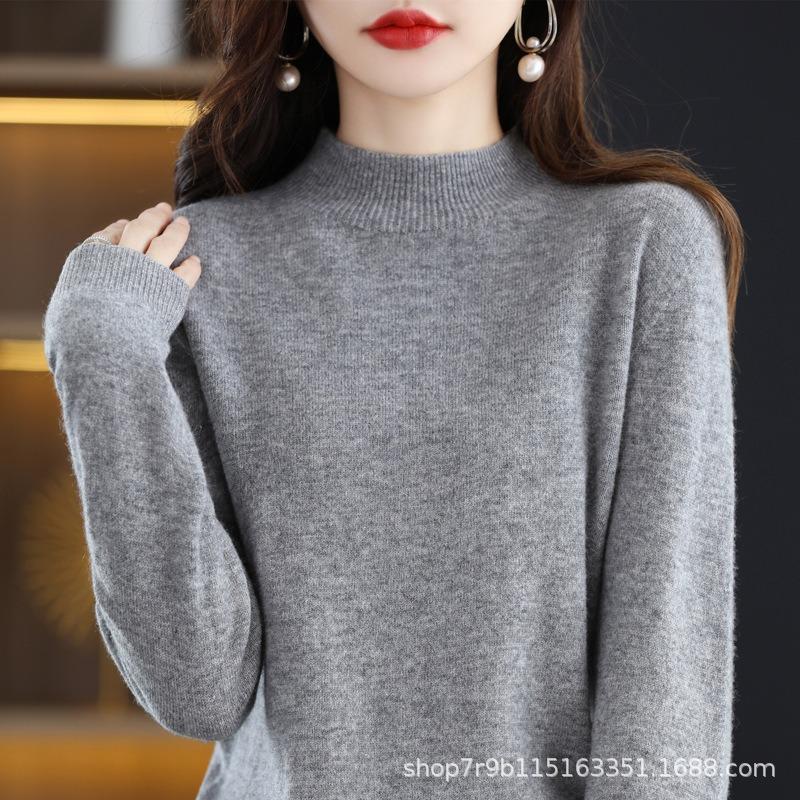 Autumn and winter new pure wool sweater women's semi-turtleneck first-line ready-to-wear wool sweater knitted sweater loose and thin bottoming shirt