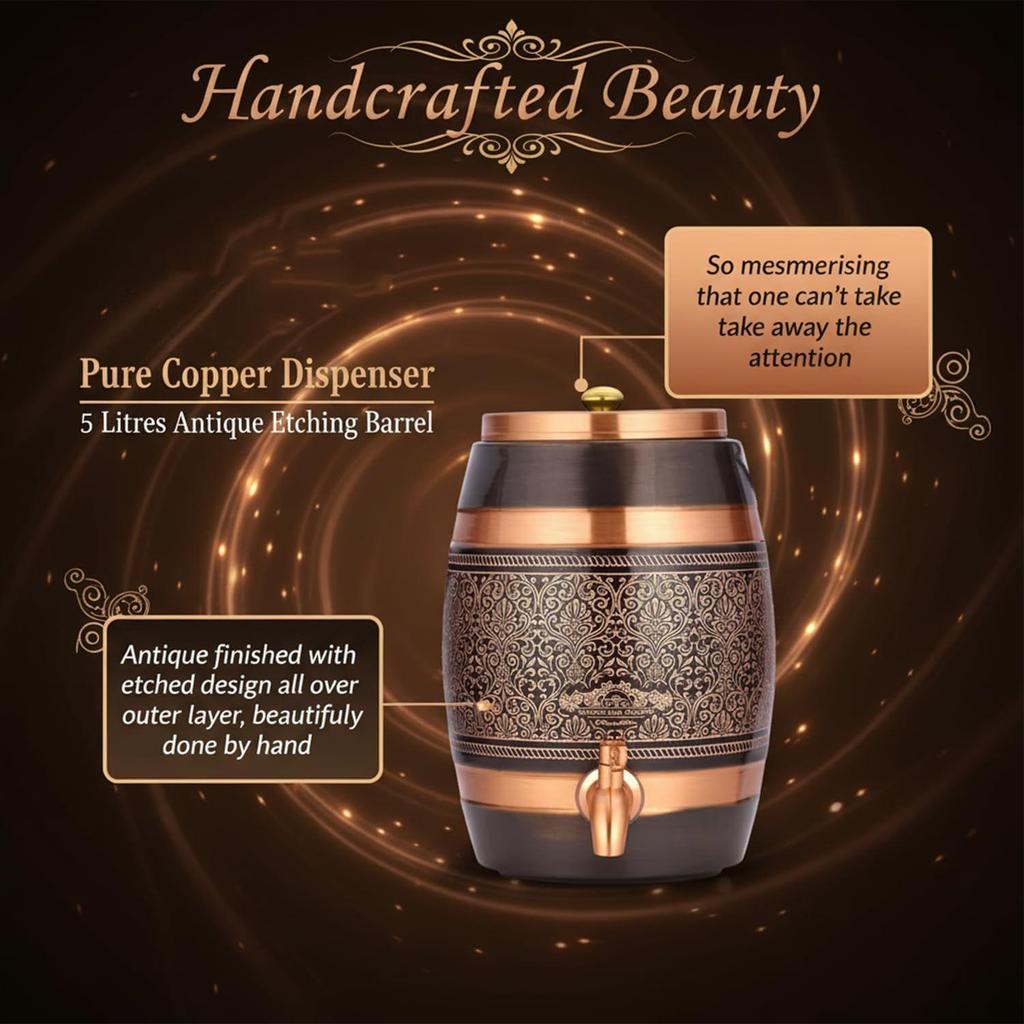 Copper Water Dispenser 5 Litre | Handcrafted Antique Engraved Copper Barrel