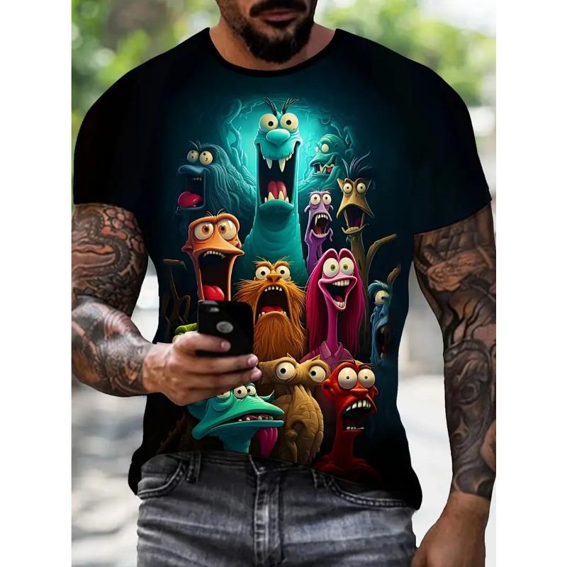 Pánské letní pohodlné prodyšné nadměrné 3D módní kreslené potištěné tričko - Měkká středně elastická polyesterová tkanina Letní pánské oblečení volného střihu