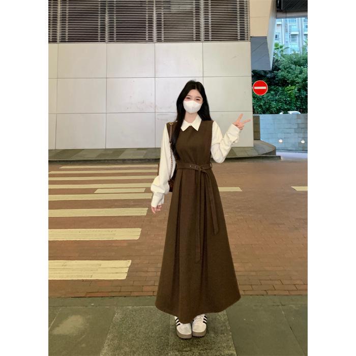 French-Style Two-Piece Long-Sleeve Plus Size Elegant Spring Dress with Waist-Cinched Skirt