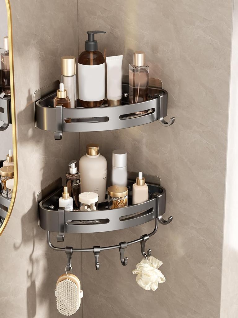 Set of 2 Wall Mounted Bathroom Corner 2 Adhesive Screw Space for Towel Small Item Aluminum Rack, Tier, Grey, Waterproof, & Mounting, Saving,