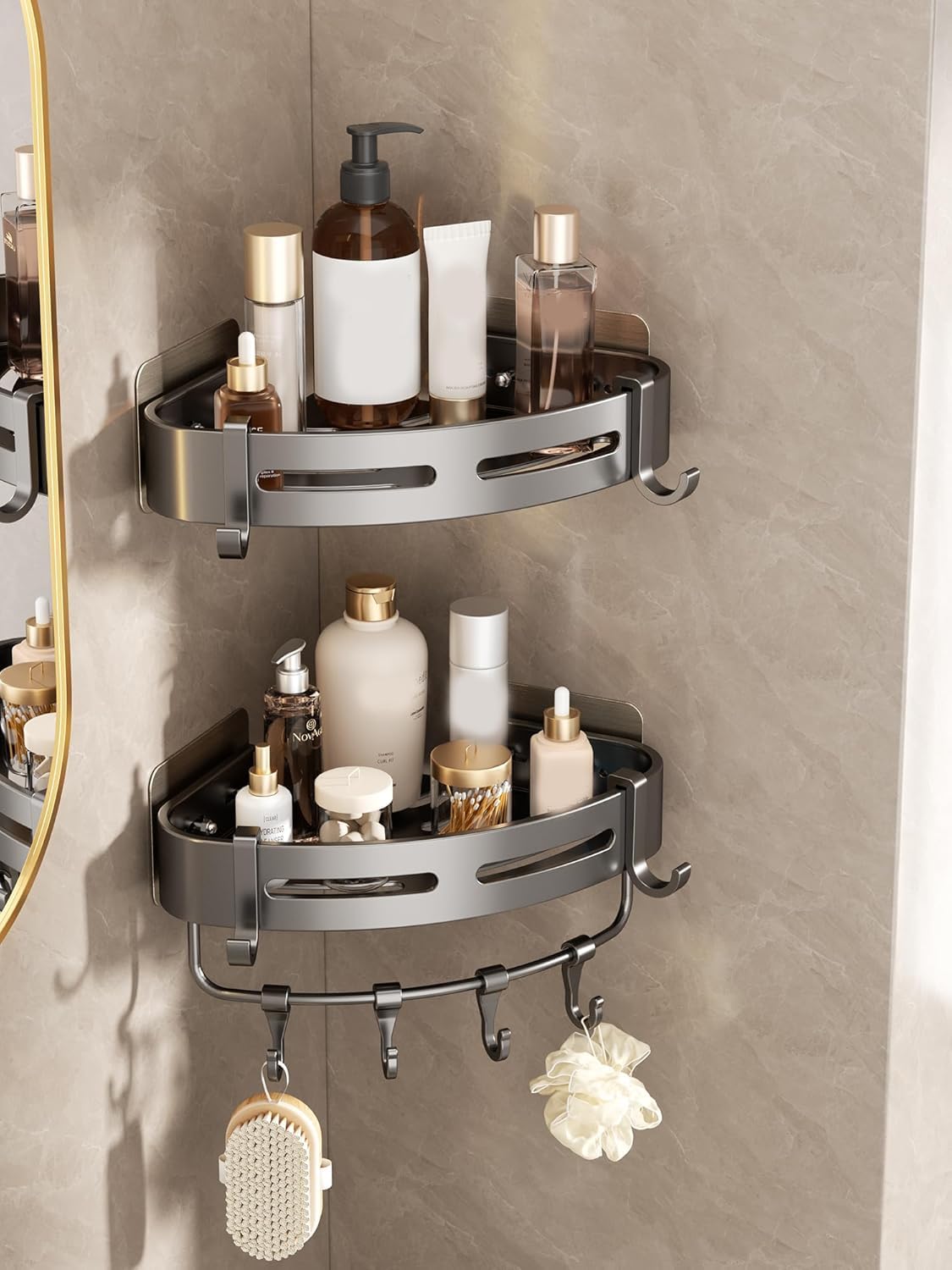 

Набор из 2 настенных угловых полок для ванной комнаты, 2 клейких винта, место для полотенца, маленьких предметов, алюминиевая стойка, ярус, серый, водонепроницаемый, и монтаж, экономия, серый