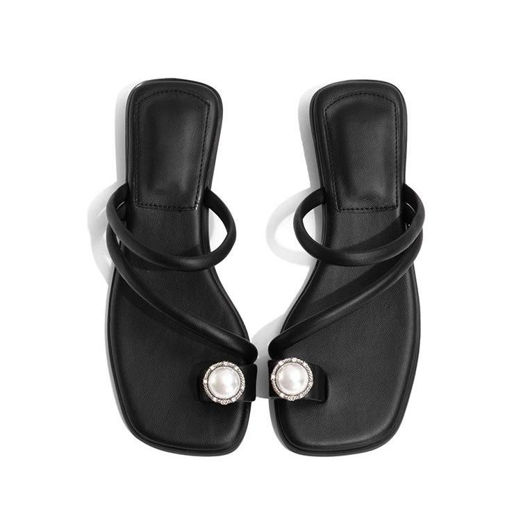 Summer Narrow Band Women Slipper Fashion Metal Decoration Low Heel Slip On Ladies Elegant Slides Casual Outdoor Beach Flip Flop