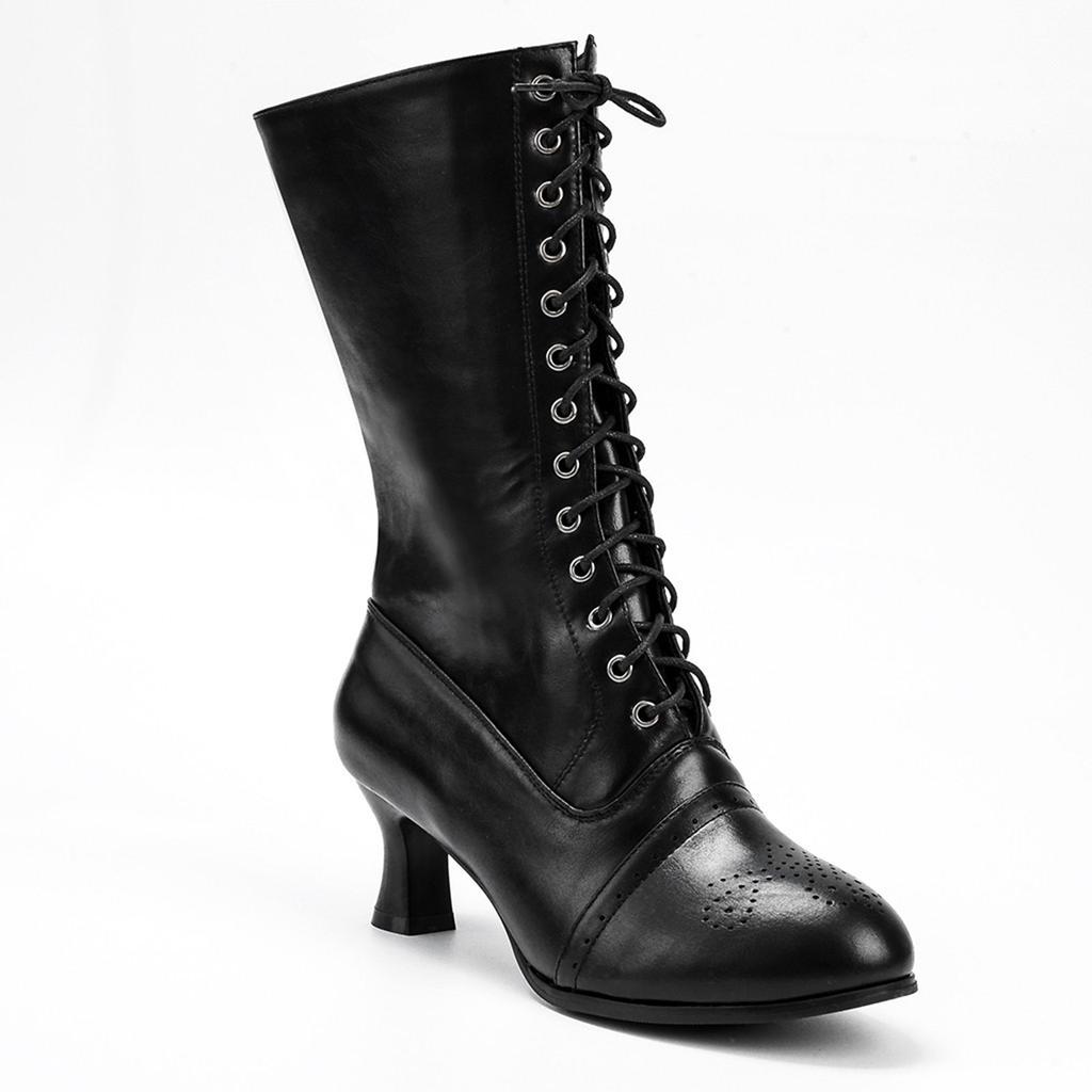 Women Pointed Toe Lace Spike Heels Punk Med Heels Boots Shoes