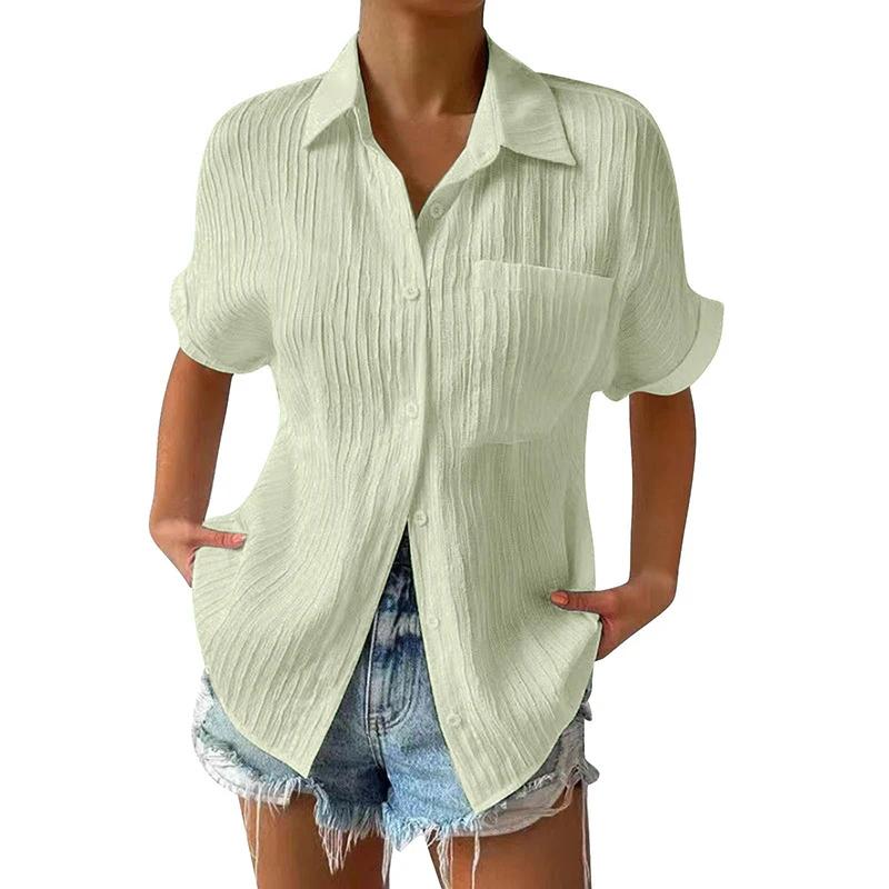Summer Casual Solid Color Shirts Women Fashion Turn-down Collar Short Sleeves Pockets Buttons Cardigans Commute Slimming Blouses