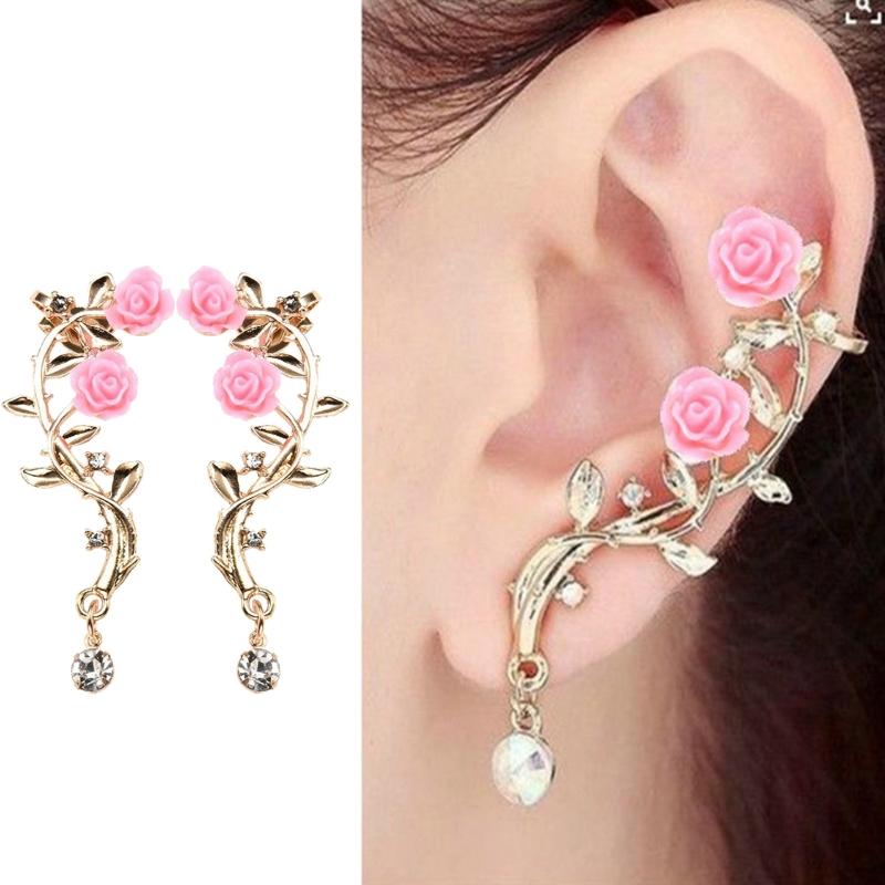 Vintage Rose Flower Cuff Earrings Trendy Rose Flower Climber Crawler Earrings Sparkly Metal Leaf Ear Cuff for Women Girl