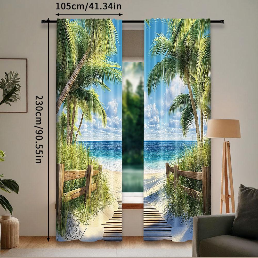 2Pcs Ocean Palm Tree Curtain Beach Tropical Hawaii Coastal Summer Sandy Seaside Exotic Seascape Green Blue Nature Landscape