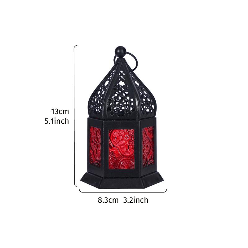 1Pc European Retro Ironwork Six-Sided Colored Glass Decorative Candlestick, Ironwork Glass Windproof Hanging Candlestick красный