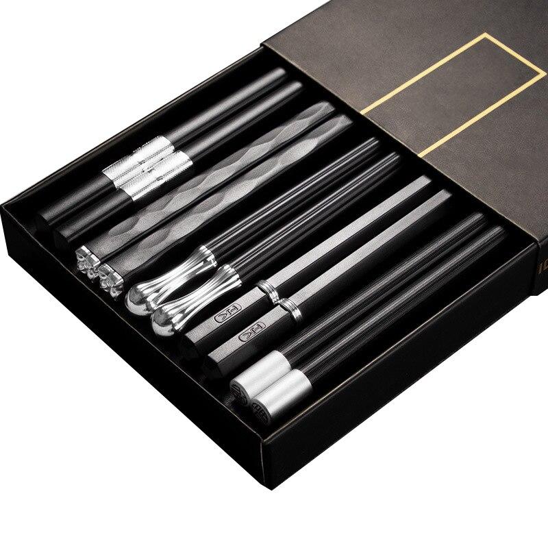 

5 пар черных палочек для еды, китайская еда, палочки для суши, многоразовые корейские нескользящие палочки для еды, набор, посуда из сплава Palillos Chinos b-style