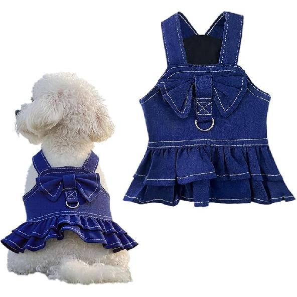 1 Pcs Cute Dog Dress Puppy Clothes with Bownot for Female Girl Small Dogs Outfits Harness for Outdoor Walking Birthday Party Denim Skirt L