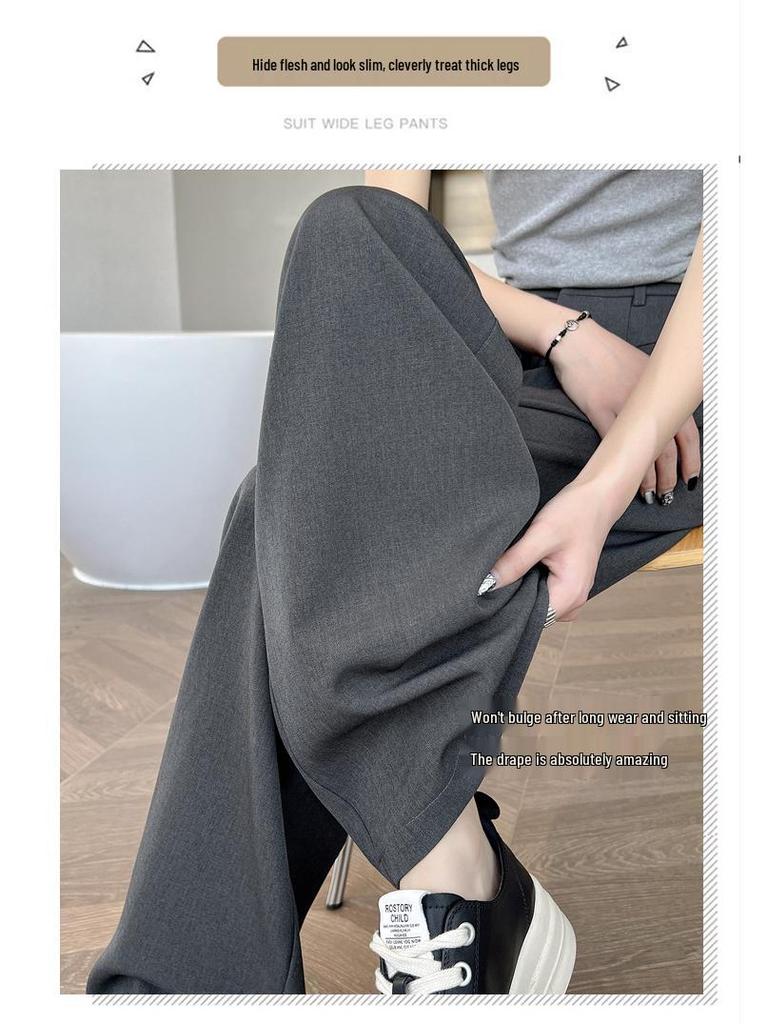 Gray High-Waisted Slimming Wide-Leg Suit Pants - Women's Versatile Loose Floor-Length Trousers for Spring and Summer