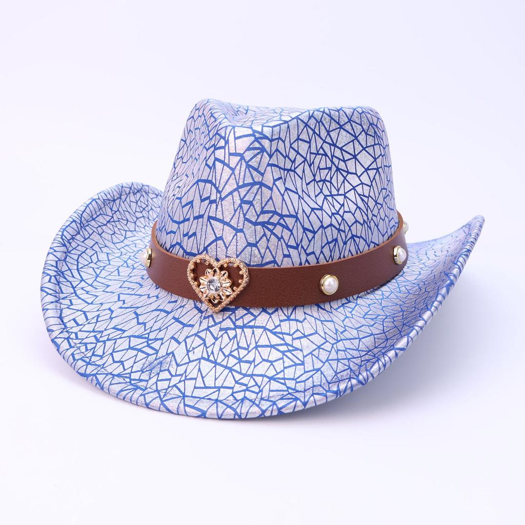 European And American Bright Cracked Western Cowboy Hat Metal Belt Decorative Hat Women'S British Retro Jazz Top Hat