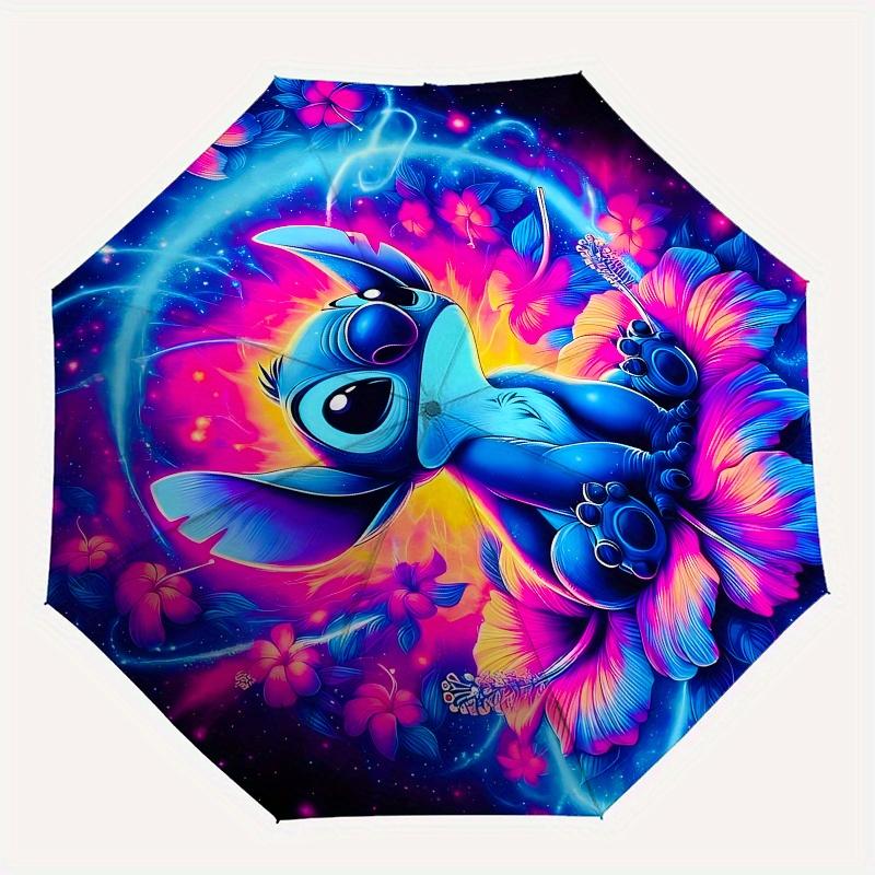 Stitch, Floral Themed Automatic opening and closing folding umbrella, 8-rib windproof, compact travel design, suitable for all occasion | Fa