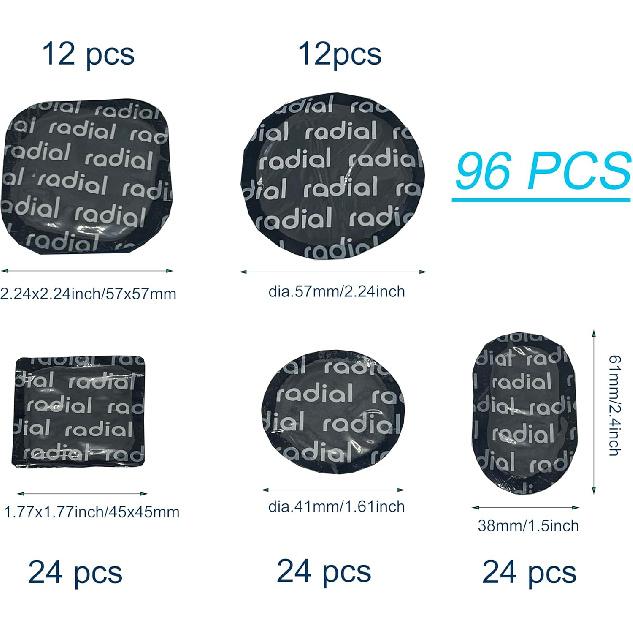 Professional Self-Vulcanizing Tire Repair Patches 96 Pcs - Multi-Size (41Mm To 57Mm) Radial Tire Patch Kit For Cars/Trucks/Motorcycles, Heavy Duty,