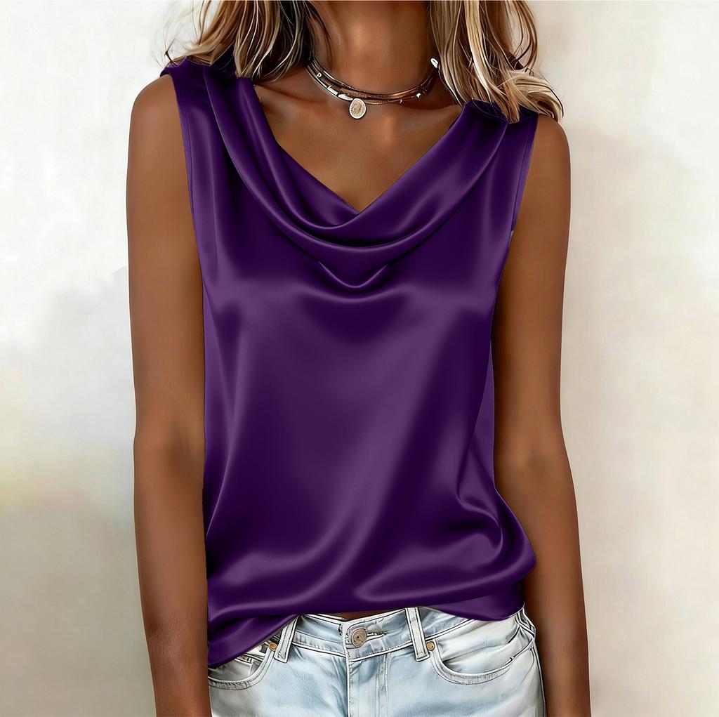 Women’s Sleeveless Satin Cowl Neck Blouse Relaxed Fit Pullover Top Lightweight Soft Tank Shirt for Daily Wear