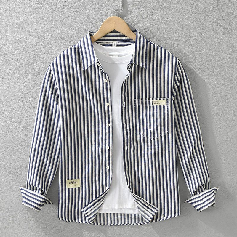 New Arrival Japanese Style Stripe Long Sleeves Shirt Men Spring and Autumn Casual Hong Kong Style Arts Shirt Easiest for Match Tops Fancy