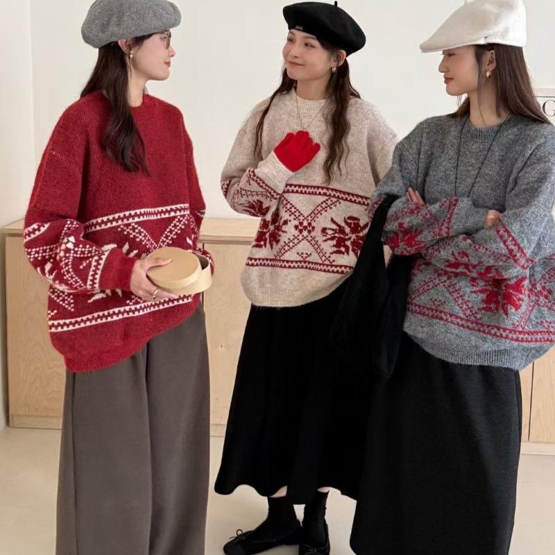 Vintage Christmas knitted pullover sweater for women's red autumn and winter new lazy wind loose soft waxy knitted sweater for women