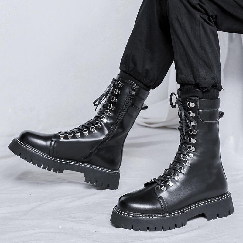 Men Luxury Fashion Motorcycle Boots Black Original Leather Shoes Lace-up High Top Knight Boot Cowboy Platform Long Botas Hombre