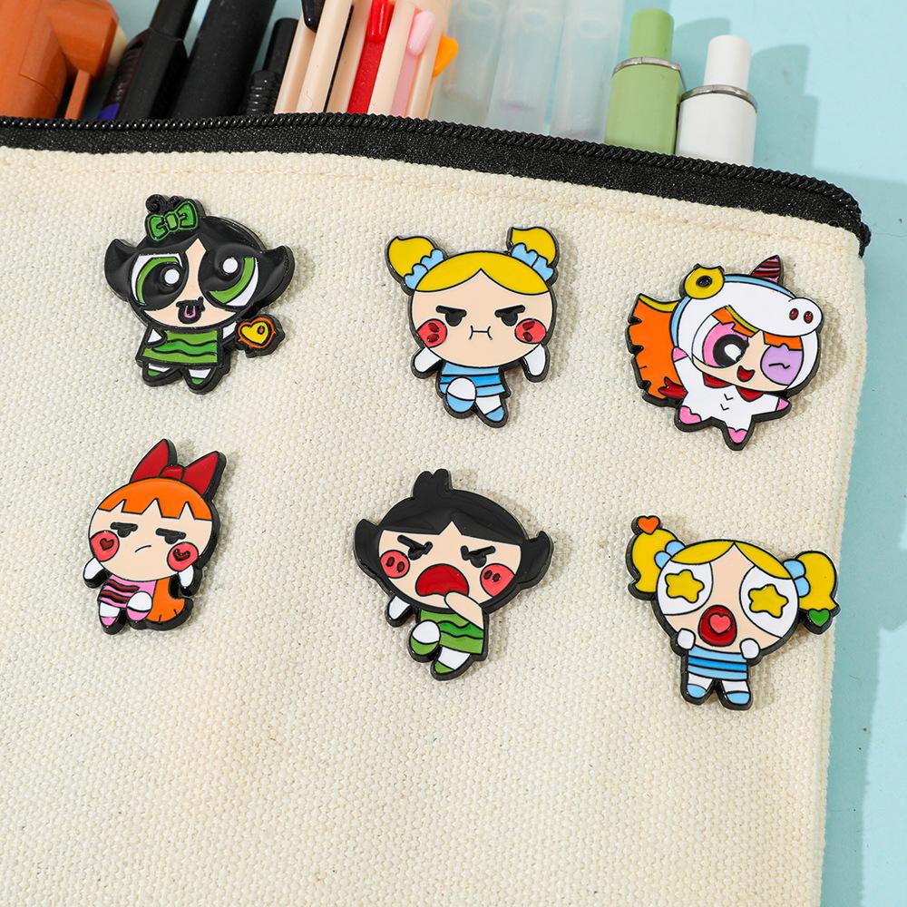 Cartoon Power Girl Brooches Set Cute Anime Enamel Lapel Pins for Backpack Creative Metal Badges Women Accessories Gifts