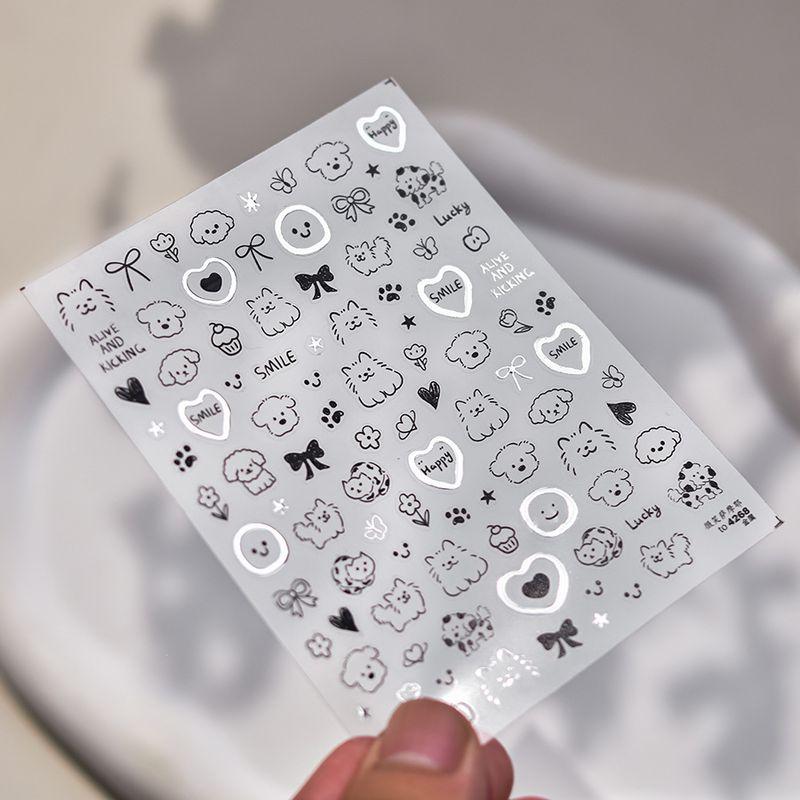 

Minimalist Lines Graffiti Smile Samoyed Nail Stickers Bows Hot Silver Nail Back Glue Decorations Smiling Samoyed TO4268