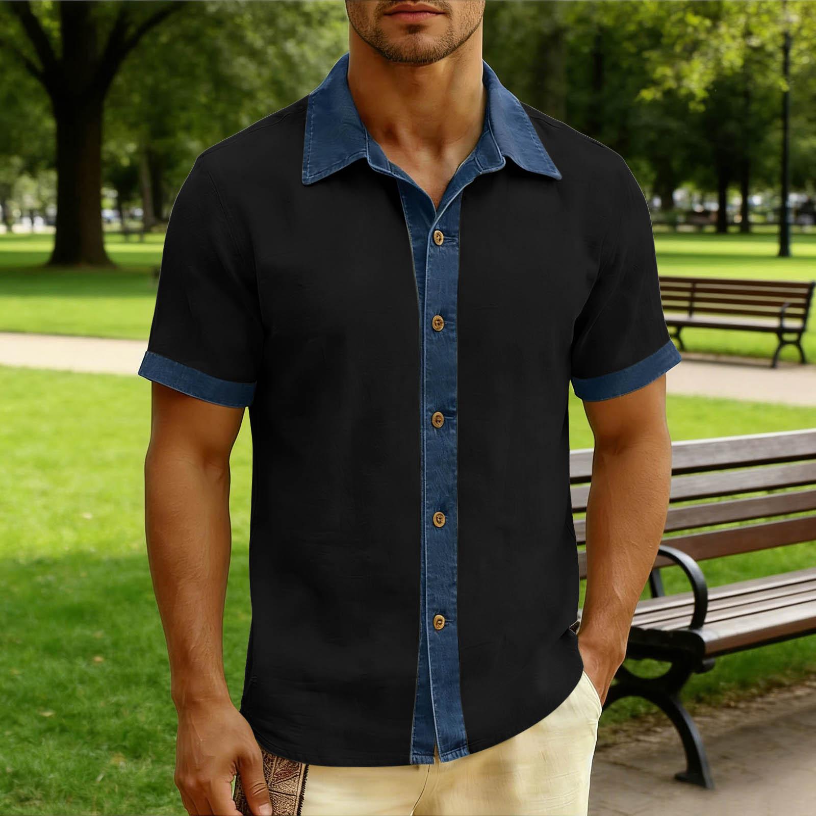 

Men Short Sleeve Button Down Shirt Casual Lapel Collar Patchwork Design Lightweight Breathable Fabric for Daily Wear XL чорний