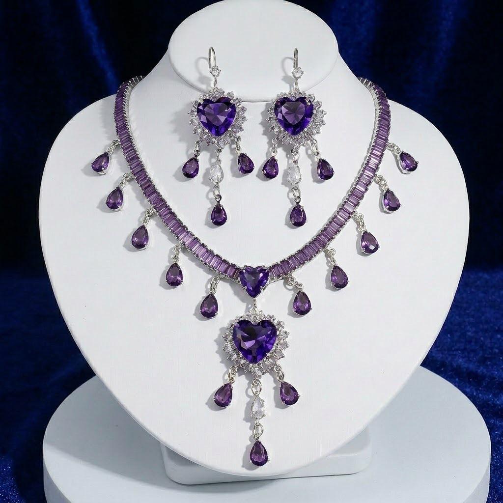 Conjunto de Collar y Pendientes con Corazón de Zirconia de Moda Transfronterizo en Morado Claro