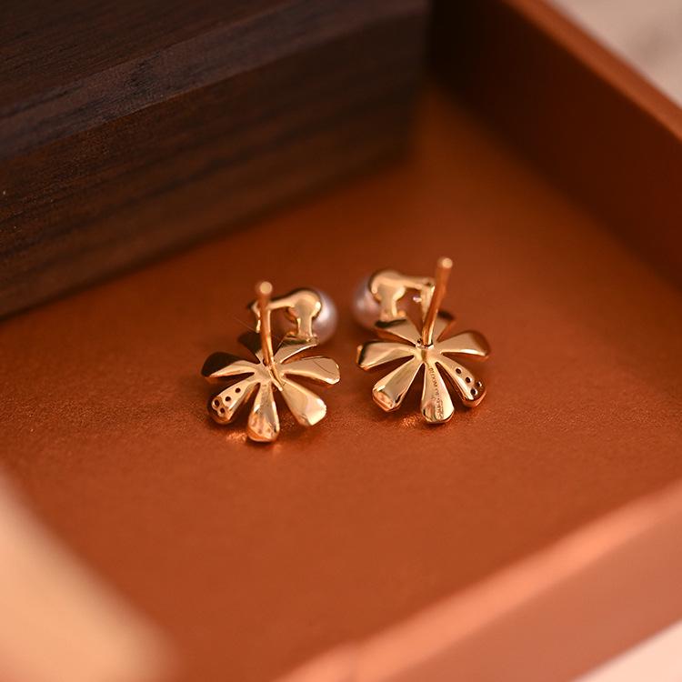 Gold-Plated Sterling Silver Pearl & Zircon Stud Earrings - Elegant, Fashionable, Unique Design for Women