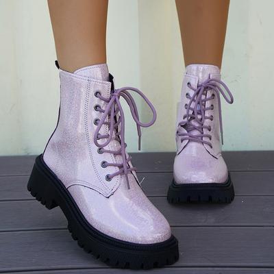 Lucyever Patent Leather Ankle Boots Women 2024 Punk Gothic Colour Motorcycle Botas Woman Fashion Thick Bottom Lace Up Shoes